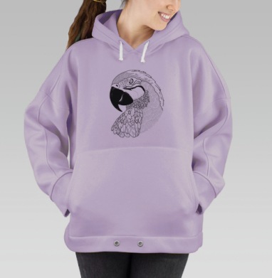 Чёрно-белый графический портрет попугая ара, Hoodie Oversize Fiolet