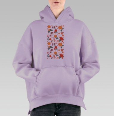 Цветочный узор на зеленом фоне, Hoodie Oversize Fiolet, утепленная