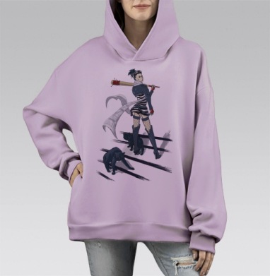 Дерзкая городская воительница с битой и кошками, Hoodie Mono Fiolet, оверсайз, утепленная