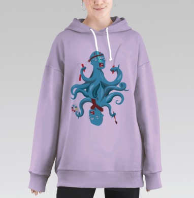 Дерзкий осьминог с мечом и кистями, Hoodie Long Oversize Fiolet