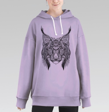 Детализированное графическое изображение головы рыси с третьим глазом, Hoodie Long Oversize Fiolet