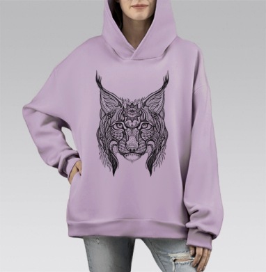 Детализированное графическое изображение головы рыси с третьим глазом, Hoodie Mono Fiolet, оверсайз, утепленная