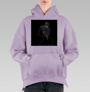 Девушка на черном фоне с цветной серьгой и красной помадой, Hoodie Oversize Fiolet, утепленная