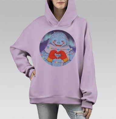 Добродушный снежный монстр с сердцем и гирляндой, Hoodie Mono Fiolet, оверсайз, утепленная