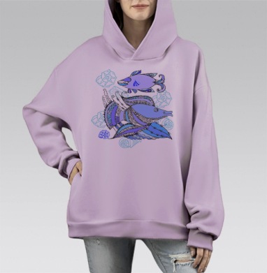 Две рыбы и ракушки, Hoodie Mono Fiolet, оверсайз, утепленная
