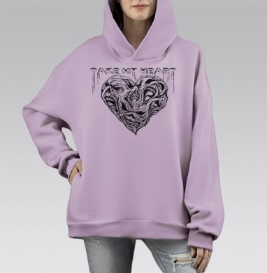 Футболка с готическим сердцем и надписью, Hoodie Mono Fiolet, оверсайз, утепленная