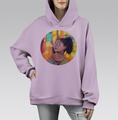 Городская женщина в неоновом свете, Hoodie Mono Fiolet, оверсайз, утепленная