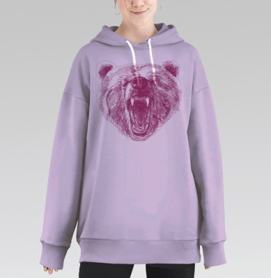 Грозная голова рычащего медведя в скорописном стиле, Hoodie Long Oversize Fiolet