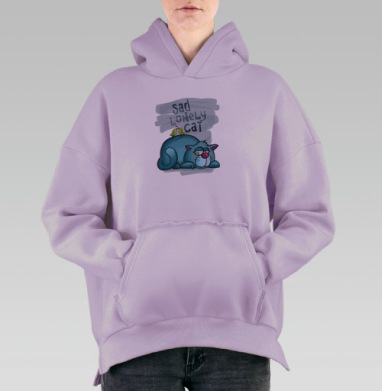 Грустный синий кот с поющими зелёными птичками, Hoodie Oversize Fiolet, утепленная
