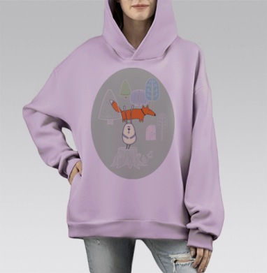 Игривый кролик и лиса — неожиданный дуэт, Hoodie Mono Fiolet, оверсайз, утепленная