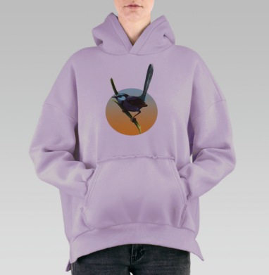 Картина птицы на ветке в акварельном стиле, Hoodie Oversize Fiolet, утепленная