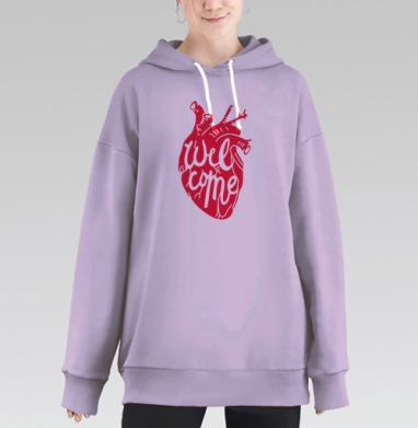 Картина Сердце с надписью Welcome, символ жизни и гостеприимства, Hoodie Long Oversize Fiolet
