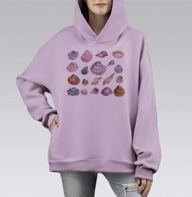 Коллекция изящных морских раковин с акварельным рисунком, Hoodie Mono Fiolet, оверсайз, утепленная
