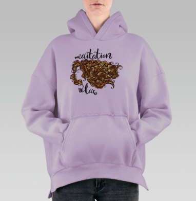 Красивая девушка с длинными волнистыми волосами, медитирует, релакс., Hoodie Oversize Fiolet, утепленная