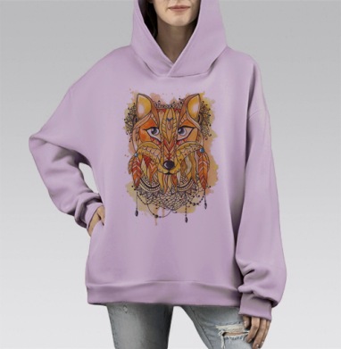 Лиса в этно-узорах акварели с символизмом, Hoodie Mono Fiolet, оверсайз, утепленная