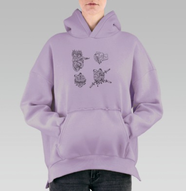 Любовь зла чёрно-белый, Hoodie Oversize Fiolet, утепленная