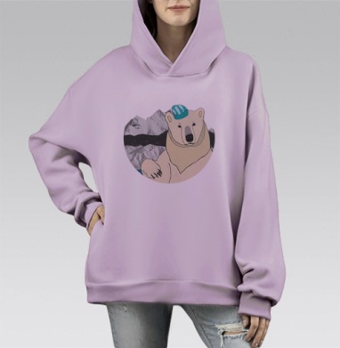 Медведь в шапке на фоне гор – оригинальный арт, Hoodie Mono Fiolet, оверсайз, утепленная