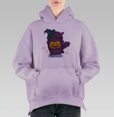 Милая фиолетовая кошка в костюме ведьмы с тыквой, Hoodie Oversize Fiolet, утепленная