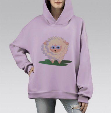Милая мультяшная овечка на зеленой траве, Hoodie Mono Fiolet, оверсайз, утепленная