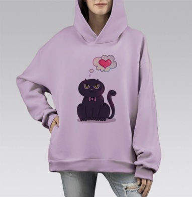 Милый черный кот с сердцем любви, Hoodie Mono Fiolet, оверсайз, утепленная