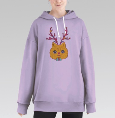 Милый котенок с волшебными рогами и цветами, Hoodie Long Oversize Fiolet
