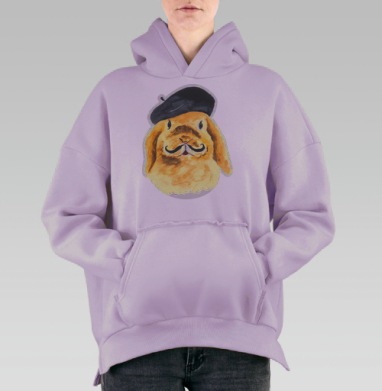Милый кролик в чёрном берете и усах, Hoodie Oversize Fiolet, утепленная