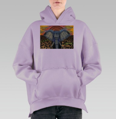 Мистический слон с этническим узором, Hoodie Oversize Fiolet, утепленная