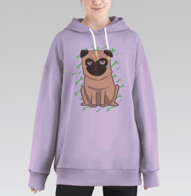 Мопс с серьёзным лицом и зелёными косточками, Hoodie Long Oversize Fiolet