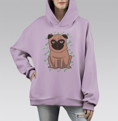 Мопс с серьёзным лицом и зелёными косточками, Hoodie Mono Fiolet, оверсайз, утепленная