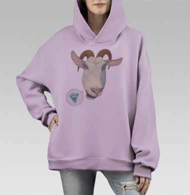 Мультяшная голова козы с сияющим бриллиантом, Hoodie Mono Fiolet, оверсайз, утепленная