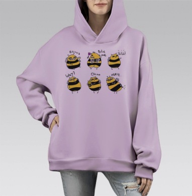 Набор смешных мультяшных пчёл с эмоциями, Hoodie Mono Fiolet, оверсайз, утепленная