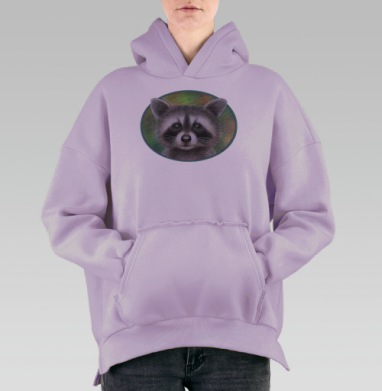 Нарисованная цветными карандашами детская Мордочка милого енота, Hoodie Oversize Fiolet, утепленная