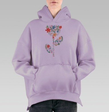 Нежный цветочный узор в винтажном стиле, Hoodie Oversize Fiolet, утепленная