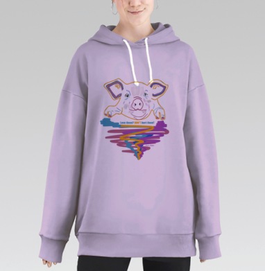 Неоновая голова свиньи с призывом к заботе, Hoodie Long Oversize Fiolet