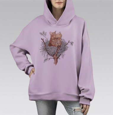 Обнимающиеся Котята в Гнезде на Ветках, Hoodie Mono Fiolet, оверсайз, утепленная