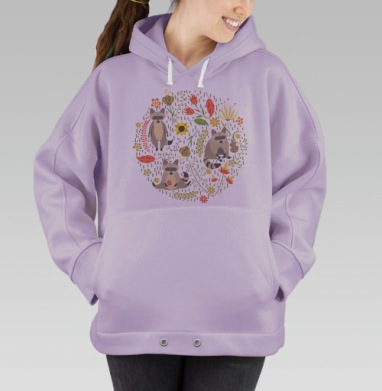 Очаровательные еноты среди цветочных узоров, Hoodie Oversize Fiolet