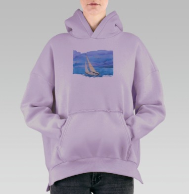 Парусная яхта на спокойном море – акварельная живопись, Hoodie Oversize Fiolet, утепленная