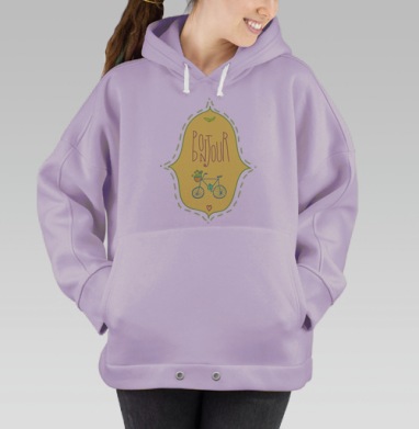 Принт «Bonjour» с велосипедом и цветами, Hoodie Oversize Fiolet