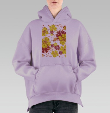 Принт из желтых и красных цветов, Hoodie Oversize Fiolet, утепленная