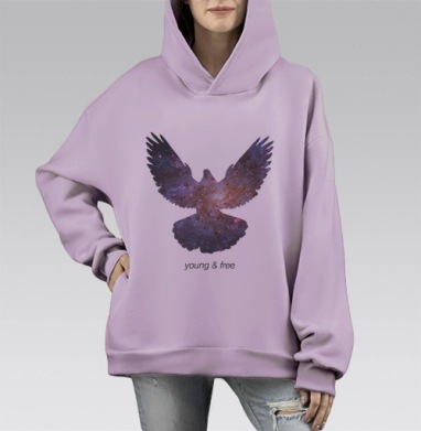 Птица с галактикой «Young & Free» — символ свободы, Hoodie Mono Fiolet, оверсайз, утепленная