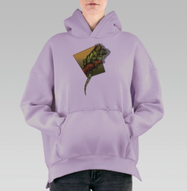 Реалистичная иллюстрация зеленой игуаны на ветке, Hoodie Oversize Fiolet, утепленная
