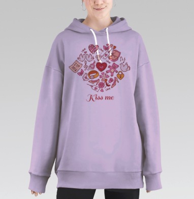 Романтичный коллаж в стиле дудлинг «Сердце любви», Hoodie Long Oversize Fiolet