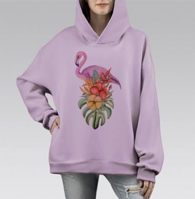 Розовый фламинго среди тропических цветов, Hoodie Mono Fiolet, оверсайз, утепленная