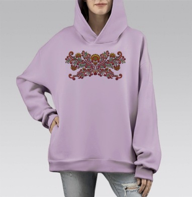Русский народный орнамент в ярких цветах, Hoodie Mono Fiolet, оверсайз, утепленная