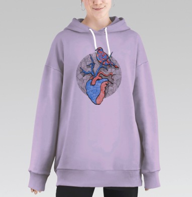 Сердце с птицей в стиле геометрия, Hoodie Long Oversize Fiolet