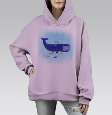 Синий кит с яркими рыбками в морской гармонии, Hoodie Mono Fiolet, оверсайз, утепленная