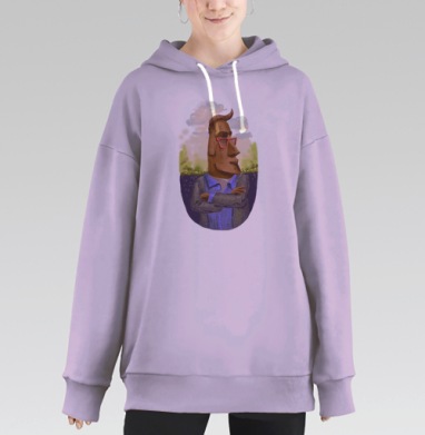 Стильный портрет Моаи-хипстера в цифровом исполнении, Hoodie Long Oversize Fiolet