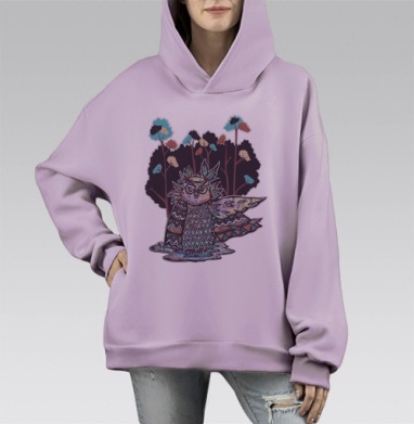 Стилизованная сова в мистическом лесу, Hoodie Mono Fiolet, оверсайз, утепленная