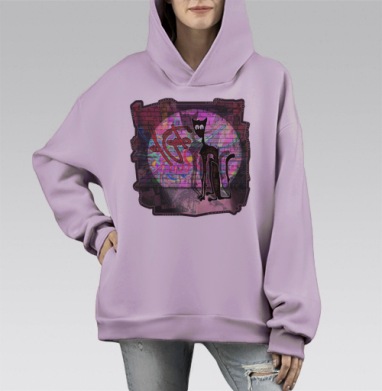 Стилизованный кот на фоне неонового граффити, Hoodie Mono Fiolet, оверсайз, утепленная