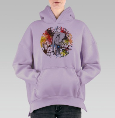 Стилизованный портрет слона в графике и акварели, Hoodie Oversize Fiolet, утепленная